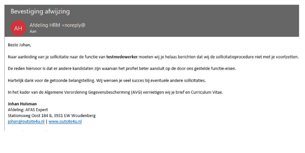 Gepersonaliseerde mail via AFAS berichtsjablonen OutSite 4u B.V..